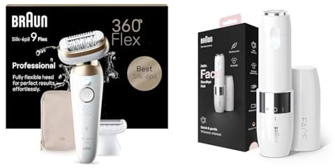 Braun Silk-épil 9 Flex, Epilierer mit flexiblem 360 Kopf Wet&Dry Made in Germany, 9-041 3D, Weiß/Gold + Braun Face Mini-Haarentferner, elektrischer Gesichtshaarentferner für Damen, für unterwegs,