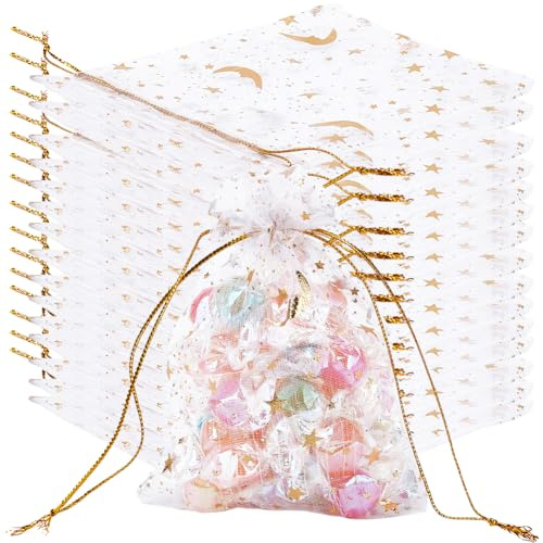 Beebeecraft 50 Organzabeutel Mit Goldener Prägung Sterne Weiß Netzbeutel Mit Kordelzug Rechteckig Aufbewahrungsbeutel Für Süßigkeiten Und Geschenke Für Weihnachten Hochzeit Party Valentinstag