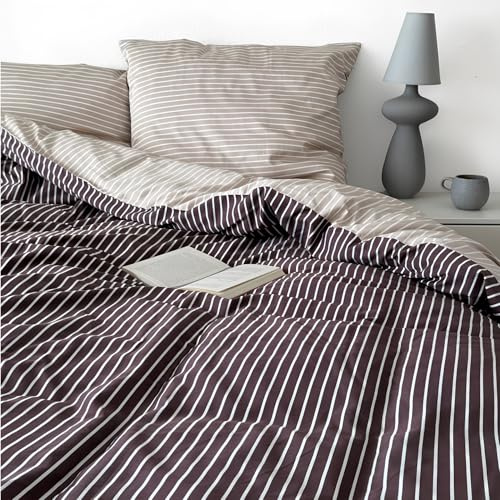 Magano® Luxus Bettwäsche Streifen | Bambus & Baumwolle (Beige/Braun, 135x200 cm + 80x80 cm)