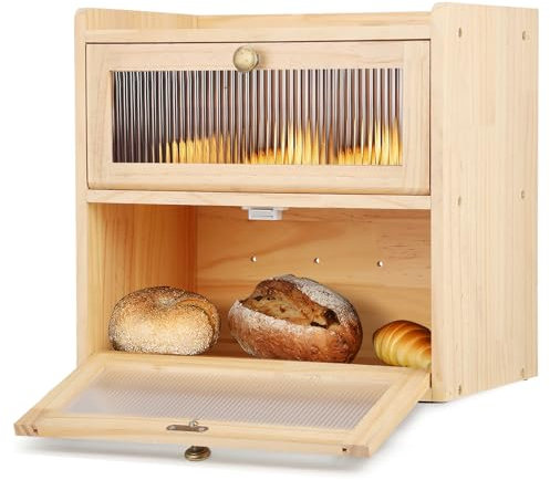 Bread Box for Kitchen Countertop, 2 Layer Large Bread Box Bread Storage Container, Wooden Bread Storage with Wood Handle Clear Windows Keep Fresh Bread, Breadbox Storage for Bread, Coffee(Natural)