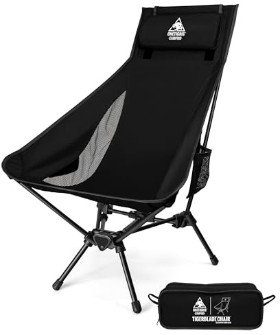 OneTigris TIGERBLADE Högrygg Campingstol, vikbar 170 kg, fällstol, camping, lätt, trekantig ram, fiskstol, 2 sidofickor, ultralätt för utomhusbruk, vandring (svart)