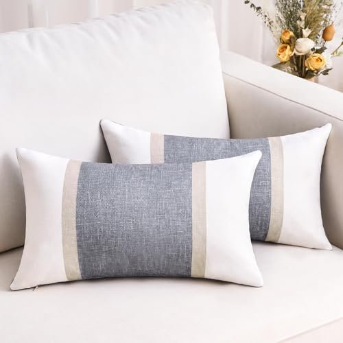 Funda Cojines 30x50 cm Fundas Cojines Algodón y Lino Gris Claro Funda de Almohada Empalme de Rayas Funda Cojin Sofa Decoración Moderna para Sofá Silla Cama Sala de Estar Dormitorio 2 Piezas