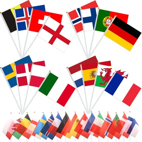 AhfuLife 16 Länder Euro Flagge Klein für Deko WM 2026, 16 Länder Doppelseitige Stoff Handgehaltene Flaggen mit 30cm Weißem Pole, Europa Fähnchen für Eurovision Fußball Olympia EM Haus Bar Party Deko