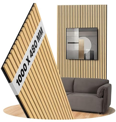 Panneaux acoustiques en chêne naturel clair, lattes de bois en feutre noir, revêtement mural, surface : bois véritable, dimensions : 1000 x 480 mm - Largeur des lattes: 27 mm (en chêne naturel clair)