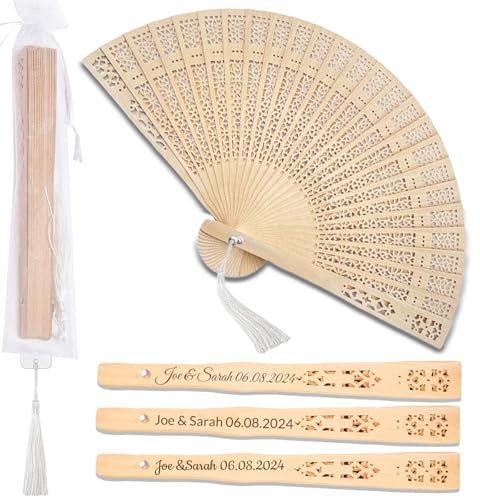 zyinoant 20Pcs Personalized Wooden Hand Fans Wedding Favors For Guests Bulk Foldable Fans Handheld Personalized Wedding Party Gifts With Tassel Yarn Bags (20)