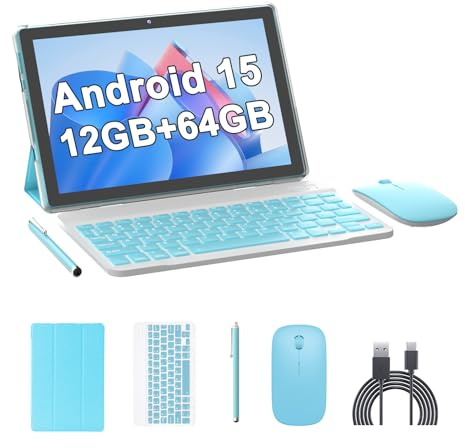 10 Inch Tablet Android 15 Tablets with Keyboard 64GB ROM+12GB RAM(4+8 expansion) Supports 1TB Expansion 2MP+8MP Dual Camera 6000mAh 5G WiFi-6 Tableta, 2 IN 1 Tablets with Mouse/Case/Stylus/ Keyboard