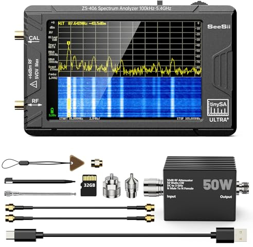 SEESII TinySA Ultra+ ZS406 Spektrumanalysator mit 50W Dämpfungsglied, 4,0 Zoll Frequenzanalysator 100kHz-5,4G Hz, 2-in-1 Signalgenerator 100 kHz - 800 MHz MF/VHF/HF UHF Eingang mit 32 GB Speicherkarte