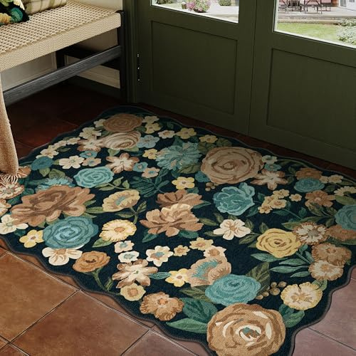 HUGEAR Schwarzer Teppich Fussmatte Blumenmuster 60x90cm Fußmatte Blumen Boho Neutral Moderner Weich rutschfest Waschbarer Klein Teppiche Schlafzimmer Küche Wohnzimmer Bettvorleger Kurzflor Carpet