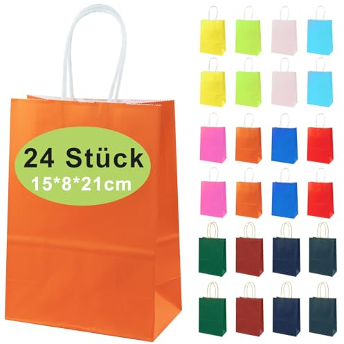 24stk Bunte Papiertüten mit Henkel - 21 x 15 x 8 cm, Bunte Kraftpapier Partytüten, 12 Farben kleine Geschenktüte, Geschenktüten, Kraftpapiertüte, DIY Adventskalender