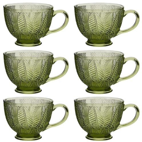 Glass Coffee Mugs Embossed Footed Teacups Leaf Embossed Glasses 400ml (6) | Kitchen Gift, Tea Mug, Coffee Cup, Green, Dishwasher Safe, Hot Chocolate, Mulled Wine, Handles