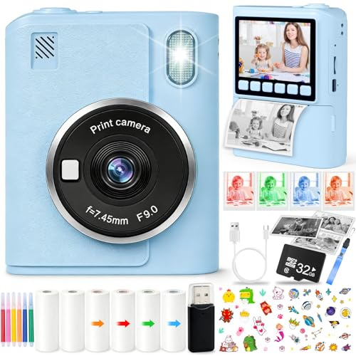KDISHKRA Appareil Photo Instantané Enfants, 2.4 Écran HD | 48MP | Carte de 32GB | 1080P HD Appareil Photo Numérique Enfant avec Papier d'impression, Cadeaux pour Garçons & Filles de 3 à 12 Ans