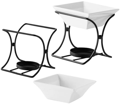 Cabilock Ceramic Butter Warmer Fondue Pot Set for Cheese Chocolate Melting, Mini Porcelain Fondue Cups with Bowls, Black 2-Set for Home Kitchen Use