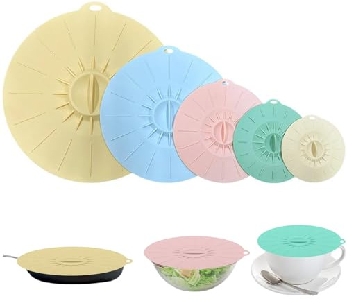 5 Stück Bunt Silikondeckel Schüssel, 5 Größen Wiederverwendbar BPA Frei Silikon Deckel, Universal Spritzschutz Silikonabdeckungen für Schüsseln, Teller, Töpfe, Tassen, Öfen, Kühlschränke