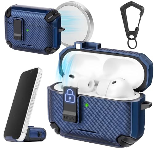 AOOSU Custodia Compatibile con AirPods 3 Pro, Custodia Protettiva per AirPods, Bluetooth Scatola per Cuffie Protettiva, con lucchetto e portachiavi, Coperchio magnetico, Antigraffio-Blu Scuro