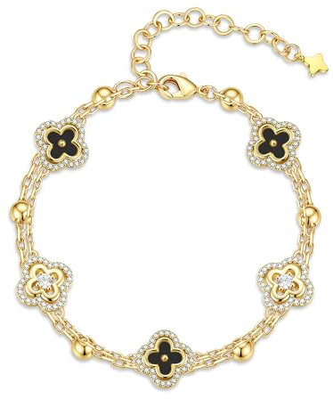 Turandoss Kleeblatt Armband Damen Gold, 14K Vergoldet Kleeblatt Armband mit Zirkonia Gold Link Armbänder Verstellbare Glücksarmband Schmuck Geschenk für Frauen Mädchen - Schwarz