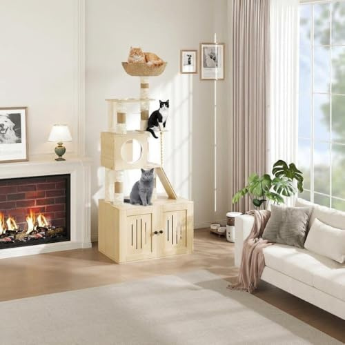 Cat Tree with Litter Box Enclosure, Modern Cat Tower with Scratching Posts & Hammock, Wooden Pet Furniture with Multiple Platforms, Hidden Litter Box Furniture with Cat Litter Cabinet Combination