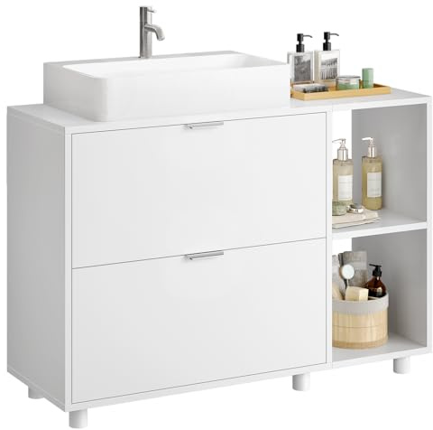 FORABAMB Waschbeckenunterschrank, Bad Unterschrank Waschbecken mit 2 Schubladen, Waschtischunterschrank mit 3 offenen Fächern, rechts oder Links austauschbar, badezimmerschrank, 30 x 85 x 60 cm, Weiß