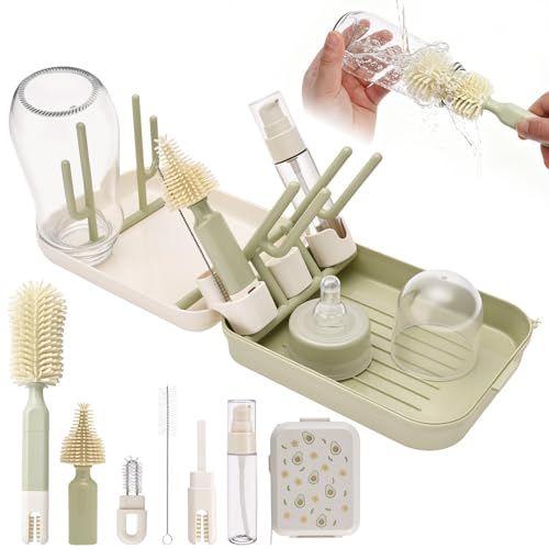 8-in-1 Baby Bottle Brush Set, Travel Bottle Brush Set with Silicone Nipple/Straw Brushes, Soap Dispenser, Drying Rack, Portable Newborn Feeding Accessories for Home & Travel