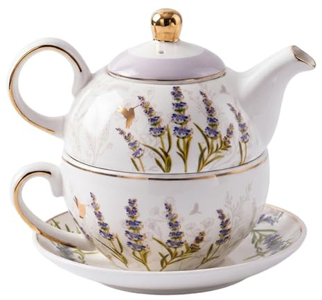 Tea For One Set Tetera con Taza y Platillo Blanco - Elegante Diseño Lavanda-Pájaro-Bicicleta, Blanco
