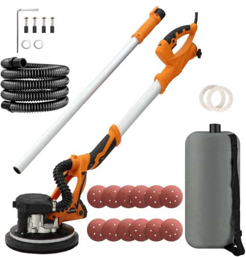 Levigatrice per muro telescopica,1250W Levigatrice Muro con Aspiratore, 5 Velocità Variabili 800-1800 giri/minuto, Impugnatura Estensibile, Luce LED,Tubo per La Polvere Lungo et Sac de Collecte