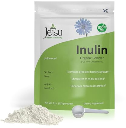 Jetsu Inulin Powder Organic Chicory Root (FOS) - Soluble Inulin Fiber Prebiotic Intestinal Support, Enhances Calcium Absorption, Stimulates Friendly Bacteria, Promotes Prebiotic Growth, 8oz