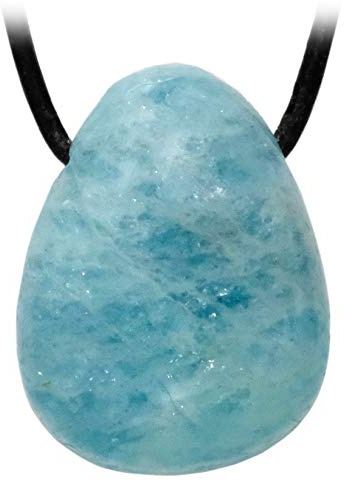 Kaltner Präsente Edelstein Halskette mit Anhänger/Aquamarin Blau Grün/Lederband mit gebohrtem Trommelstein Tropfen Anhänger/Hochwertiger Edelsteinanhänger/Edelsteinkette für Damen und Herren