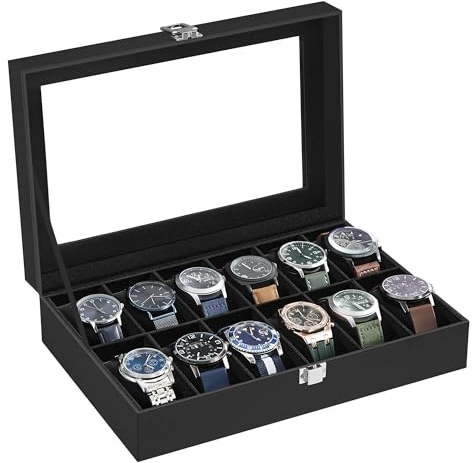 SONGMICS Porta Orologi a 12 Posti, Scatola Portaorologi, Coperchio in Vetro, Cuscini Rimovibili, Chiusura in Metallo, Idea Regalo, Superficie in PU Nera, Interno Nero JWB12B