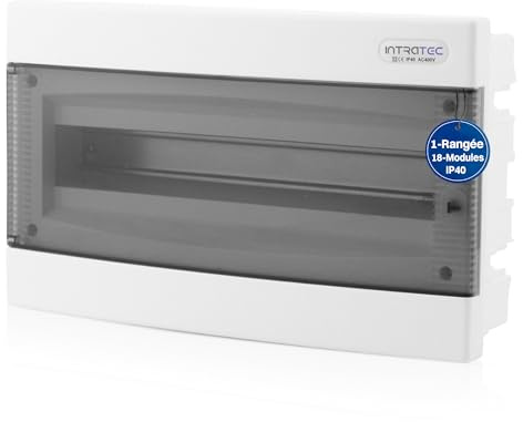 Intratec Coffret de Distribution Encastré 1 Rangée – Coffret IP40 pour 18 Modules avec Porte Transparente et Rail pour Installation Électrique Facile à Domicile & en Entreprise – 392 x 232 x 106mm