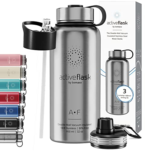 Trinkflasche Edelstahl ACTIVE FLASK + Strohhalm (3 Deckel) BPA-frei, Auslaufsicher, Kohlensäure geeignet - Wasserflasche Fahrrad Thermosflasche Isoliert Isolierflasche Sport Wasser Flasche Kinder Tee