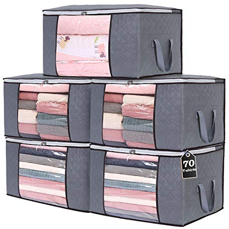 Yopih 5 Pack Clothes Storage Bags 90L Large Capacity Clothing Organizers with Reinforced Handles Thick Breathable Fabric Foldable Underbed Containers for Bedding Comforter Blanket