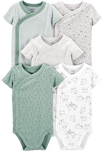 Simple Joys by Carter's Baby 5-Pack Short-Sleeve Bodysuit, Green/Grey Forest Animals/Light Grey Heather/Mint Green Stripe/White Llama, 3-6 Months