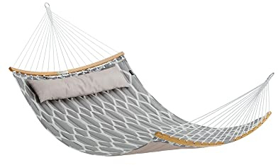 SONGMICS Hamaca, Hamaca con Barras separadoras de bambú Curvas Desmontables, Almohada, 200 x 140 cm, Carga 225 kg, Gris y Rombo Beige GDC034G02