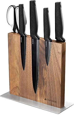 Navaris Double Sided Wooden Magnetic Knife Holder - Universal Wood Magnetic Block for Knives, Scissors, Kitchen Cutlery - Walnut, 22.5 x 22 cm