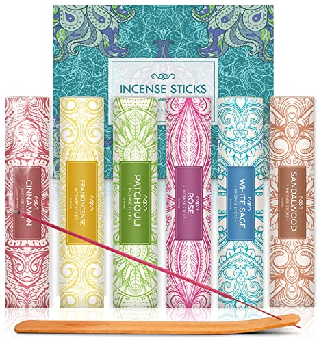 Bastoncini di Incenso, 120 Bastoncini Aromaterapia Set Regalo di Incenso, Con Supporto In Legno, Salvia Bianca, Cannella, Patchouli, Legno di Sandalo, Rosa