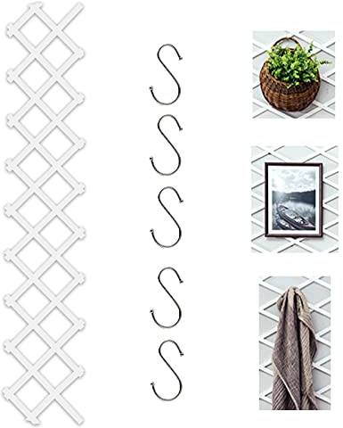 Garden Trellis Wooden Lattices Expanding Climbing Plant Supports White, Expandable Vertical Rack with 5 S Hooks for Hanging Flowerpot, Foldable Fence for Vines Patio Indoor Wall Decor(180x30cm)