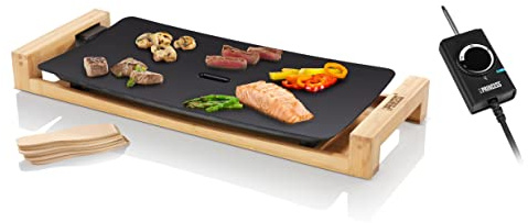 Princess 103026 Plancha Table Chef Pure Black, Exterior moderno de bambú, superficie de 50 x 25 cm, 2200 W, revestimiento de aluminio