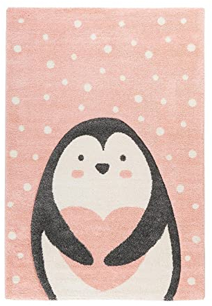 Qiyano Teppich für Kinderzimmer Spielmatte mit Tiermotiv Panda-Bär Bär Hase Pinguin Kinderteppich für Junge und Mädchen, Motiv: Pinguin, Farbe: Rosa, Größe: 120 x 170 cm