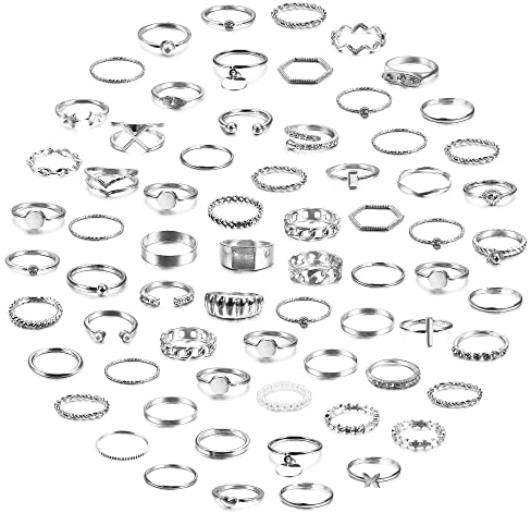 Milacolato 68 Stück Ringe Set für Damen Silber Ring Knöchel Daumenringe Vintage Bohemian Finger Midi Ringe Hohl Geschnitzte Kristall Stapelbare Ringe Geschenk Teenager Mädchen