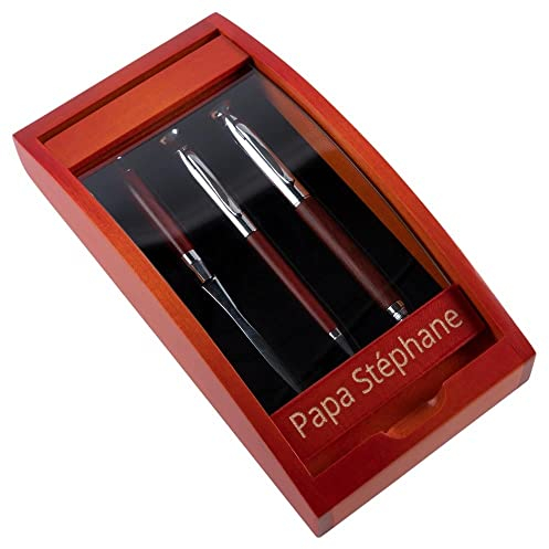 Schreibset für das Büro mit Textgravur - Hochwertiges Set bestehend aus Kugelschreiber, Füllfederhalter und Brieföffner - Set in Holzkiste, das mit Ihrem gravierten Text personalisiert werden kann