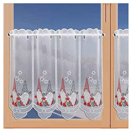 artex deko Bezaubernder Winter-Scheibenhänger Schneewichtel Weihnachtsgardine aus Plauener Spitze mit rot-Grauer Stickerei 64 x 48 cm