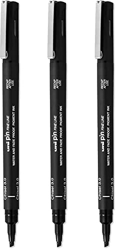 Uni Pin Fineliner Zeichenstifte, Keilspitze, schwarze Tinte, 3,0 mm Spitze, 3 Stück