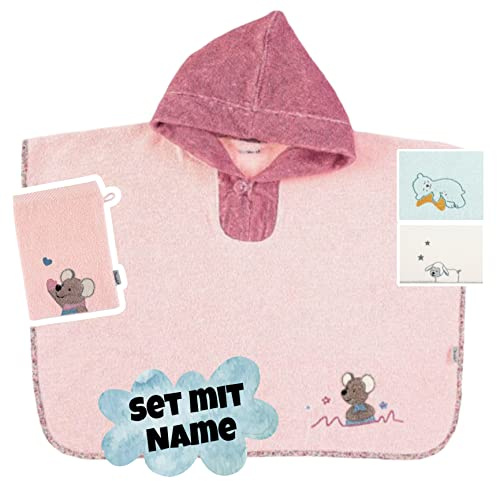 STERNTALER Badeponcho mit Waschhandschuh & Name personalisiert | Bestickt | Kapuzenbadetuch Kinder | Kapuzenhandtuch | Badetuch mit Kapuze | bis 5 Jahre (Mabel Maus rosa)