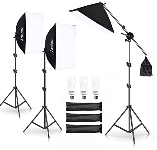 Andoer Softbox - Juego de iluminación de Estudio fotográfico (50 x 70 cm, 3 Bombillas LED de 45 W, 3 trípodes de luz de 2 m, Brazo para Retratos de Estudio, fotografía de Productos, Foto de Moda