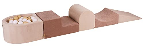 MEOWBABY Schaumstoff Bausteine Kinder - Bausteine XXL aus Schaumstoff mit Bällebad und 100 Bälle für Kinder - Baby Softbausteine zum Klettern, Samt, Ecru-Beige
