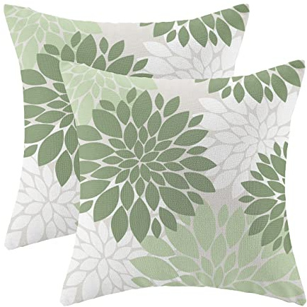 CXMEIFLY Sage Green White Pillow Covers 16x16 Inch Set of 2 Dahlia Floral Decor Throw Pillows Summer Modern Geometry Flower Outdoor Decorative Cushion Cases for Sofa Couch Bed Decorations