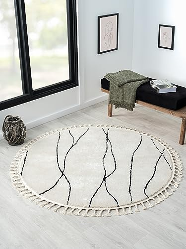 MY-RUG Teppich Linnea rund weiß schwarz mit Muster und Linien, Wohnzimmerteppich kurzflor Shaggy, Boho & geometrisch, Schlafzimmer Teppich im Landhaus Stil