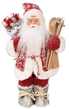 Kaemingk Weihnachtsmann Figur 30cm mit Geschenk und Ski Weihnachtsmann-Anzug Puppe - Klassisch Rot