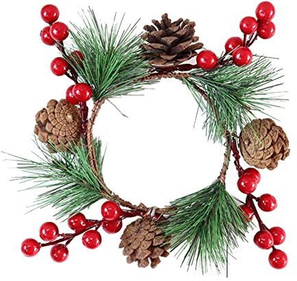 ZHDOKA Weihnachts-Kerzenring mit Tannenzapfen, 8,9 cm, Rote Beeren, Kerzenkranz, Mini-Fensterkranz, Weihnachtskerzenhalter-Ring mit Tannennadelblättern für Weihnachtsfeiertage,(Mehrfarbig)