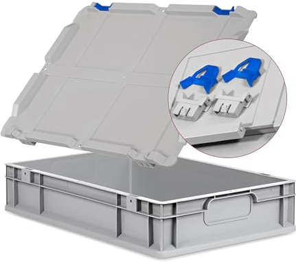 goodsforbusiness Eurobox NextGen Economy 60x40x12cm, Verschlüsse Blau | Logistikbox Campingbox Lagerbox Kunststoffbox grau Griffe geschlossen mit Scharnierdeckel, 23 Liter, stapelbar