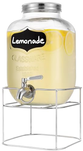 Navaris Drink Dispenser with Silver Metal Stand - 5L (1.3 Gallon) Glass Drink Container with Tap - Beverage Dispenser with Gummy Seal and Stand